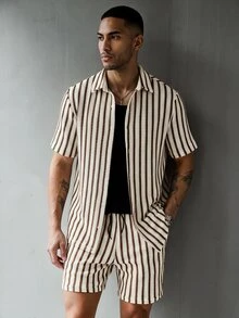 SLATEMANN Men's Casual Striped Short Sleeve Single-Breasted Shirt And Shorts Set - Multicolor - View 1