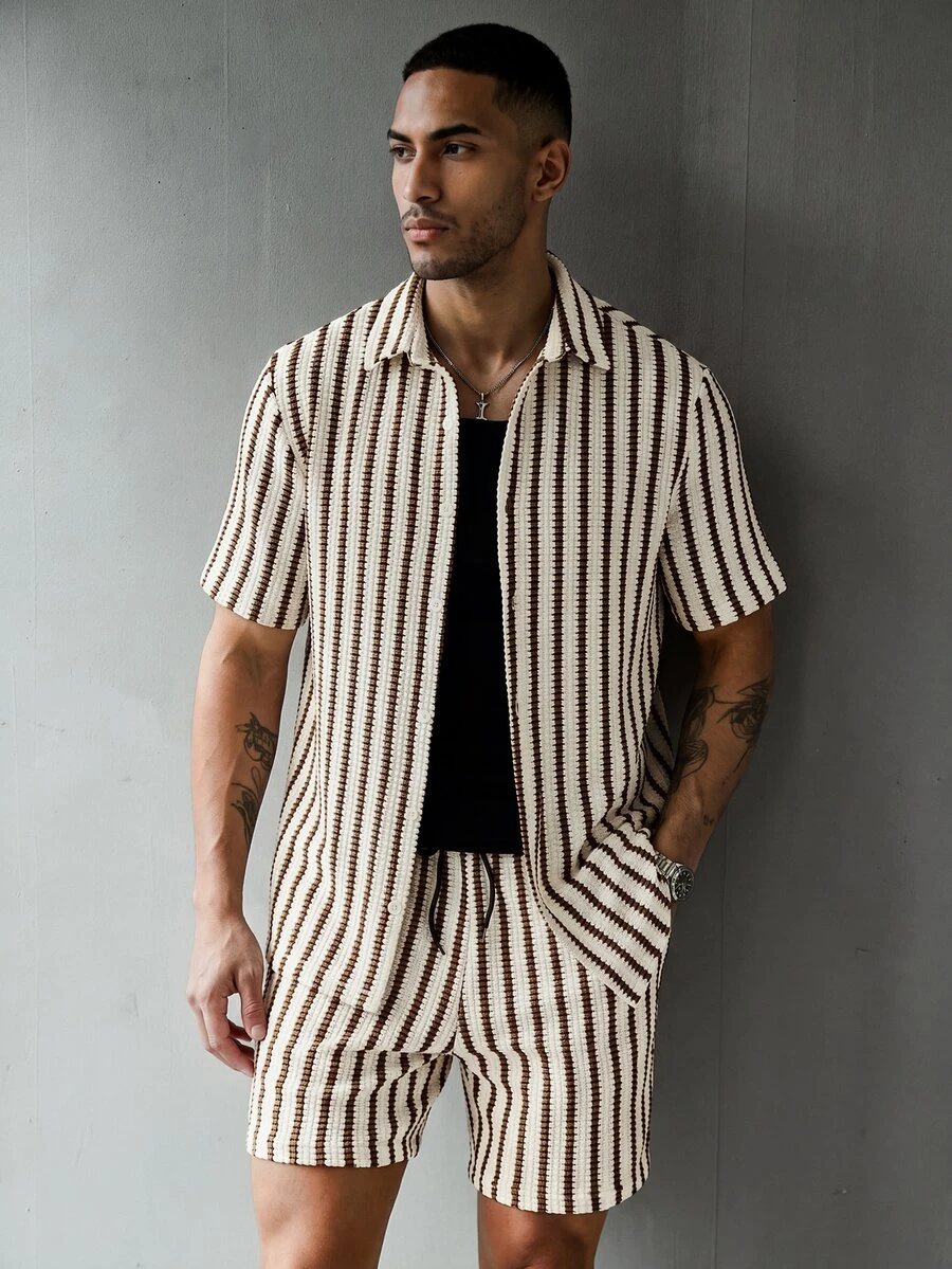SLATEMANN Men's Casual Striped Short Sleeve Single-Breasted Shirt And Shorts Set - Multicolor - View 1