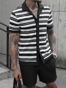Manfinity Roughcore Men's Black And White Mesh Striped Short Sleeve Shirt & Solid Shorts Set,Summer Vacation Street Wear Casual Outfit,Drawstring Elastic Waist,Black - Black and White - View 3