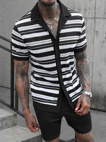 Manfinity Roughcore Men's Black And White Mesh Striped Short Sleeve Shirt & Solid Shorts Set,Summer Vacation Street Wear Casual Outfit,Drawstring Elastic Waist,Black - Black and White - View 5