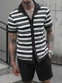 Manfinity Roughcore Men's Black And White Mesh Striped Short Sleeve Shirt & Solid Shorts Set,Summer Vacation Street Wear Casual Outfit,Drawstring Elastic Waist,Black - Black and White - View 2