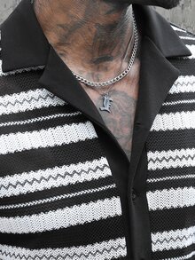 Manfinity Roughcore Men's Black And White Mesh Striped Short Sleeve Shirt & Solid Shorts Set,Summer Vacation Street Wear Casual Outfit,Drawstring Elastic Waist,Black - Black and White - View 7