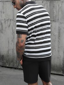 Manfinity Roughcore Men's Black And White Mesh Striped Short Sleeve Shirt & Solid Shorts Set,Summer Vacation Street Wear Casual Outfit,Drawstring Elastic Waist,Black - Black and White - View 6