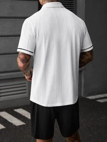 Manfinity Homme Men's Summer Solid Color Knit Jacquard Casual Vacation Black Trim Contrast Color Fitted Short Sleeve Shirt And Solid Color Shorts Set - White - View 7