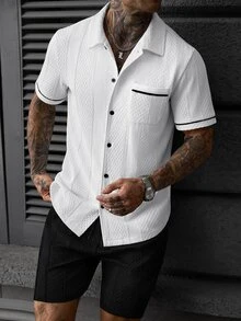 Manfinity Homme Men's Summer Solid Color Knit Jacquard Casual Vacation Black Trim Contrast Color Fitted Short Sleeve Shirt And Solid Color Shorts Set - White - View 5