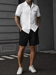Manfinity Homme Men's Summer Solid Color Knit Jacquard Casual Vacation Black Trim Contrast Color Fitted Short Sleeve Shirt And Solid Color Shorts Set - White - View 4