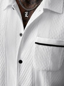 Manfinity Homme Men's Summer Solid Color Knit Jacquard Casual Vacation Black Trim Contrast Color Fitted Short Sleeve Shirt And Solid Color Shorts Set - White - View 6