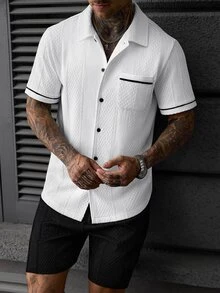 Manfinity Homme Men's Summer Solid Color Knit Jacquard Casual Vacation Black Trim Contrast Color Fitted Short Sleeve Shirt And Solid Color Shorts Set - White - View 3