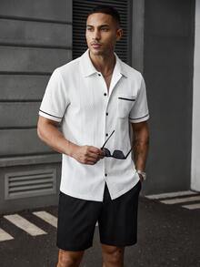 Manfinity Homme Men's Summer Solid Color Knit Jacquard Casual Vacation Black Trim Contrast Color Fitted Short Sleeve Shirt And Solid Color Shorts Set - White - View 1