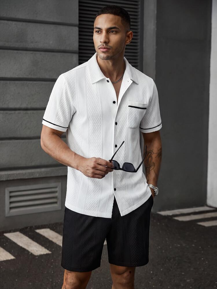Manfinity Homme Men's Summer Solid Color Knit Jacquard Casual Vacation Black Trim Contrast Color Fitted Short Sleeve Shirt And Solid Color Shorts Set - White - View 1