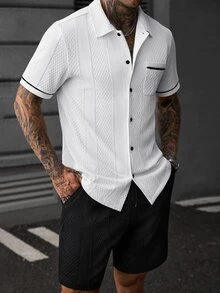 Manfinity Homme Men's Summer Solid Color Knit Jacquard Casual Vacation Black Trim Contrast Color Fitted Short Sleeve Shirt And Solid Color Shorts Set - White - View 2
