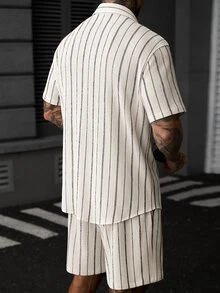 SLATEMANN Men's Apricot Knit Jacquard Striped Thin Textured Soft Fitted Casual Vacation Short Sleeve Shirt And Elastic Waist Straight Leg Loose Shorts Set - Apricot - View 5