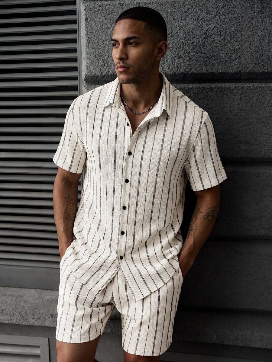SLATEMANN Men's Apricot Knit Jacquard Striped Thin Textured Soft Fitted Casual Vacation Short Sleeve Shirt And Elastic Waist Straight Leg Loose Shorts Set - Apricot - View 1