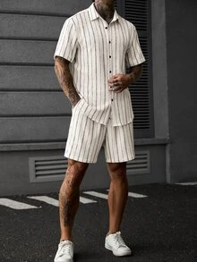 SLATEMANN Men's Apricot Knit Jacquard Striped Thin Textured Soft Fitted Casual Vacation Short Sleeve Shirt And Elastic Waist Straight Leg Loose Shorts Set - Apricot - View 6