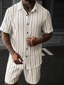 SLATEMANN Men's Apricot Knit Jacquard Striped Thin Textured Soft Fitted Casual Vacation Short Sleeve Shirt And Elastic Waist Straight Leg Loose Shorts Set - Apricot - View 4