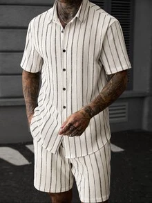 SLATEMANN Men's Apricot Knit Jacquard Striped Thin Textured Soft Fitted Casual Vacation Short Sleeve Shirt And Elastic Waist Straight Leg Loose Shorts Set - Apricot - View 3