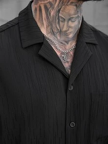 SLATEMANN 男士黑色夏季休閒城市度假風優雅條紋提花短袖單口袋襯衫與抽繩鬆緊腰長褲套裝，適合派對、辦公室、正式場合 - 黑色 - 查看 7