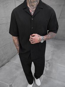 SLATEMANN 男士黑色夏季休閒城市度假風優雅條紋提花短袖單口袋襯衫與抽繩鬆緊腰長褲套裝，適合派對、辦公室、正式場合 - 黑色 - 查看 3