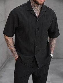 SLATEMANN 男士黑色夏季休閒城市度假風優雅條紋提花短袖單口袋襯衫與抽繩鬆緊腰長褲套裝，適合派對、辦公室、正式場合 - 黑色 - 查看 2