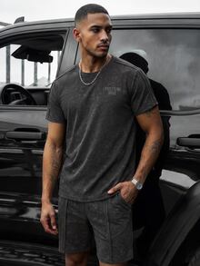 SLATEMANN 2pcs/Set Men's Sand Washed Short Sleeve T-Shirt And Drawstring Shorts,Dark Grey,Summer,Casual,Streetwear,City Break Japanese Outfit, Holiday - Dark Grey - View 1