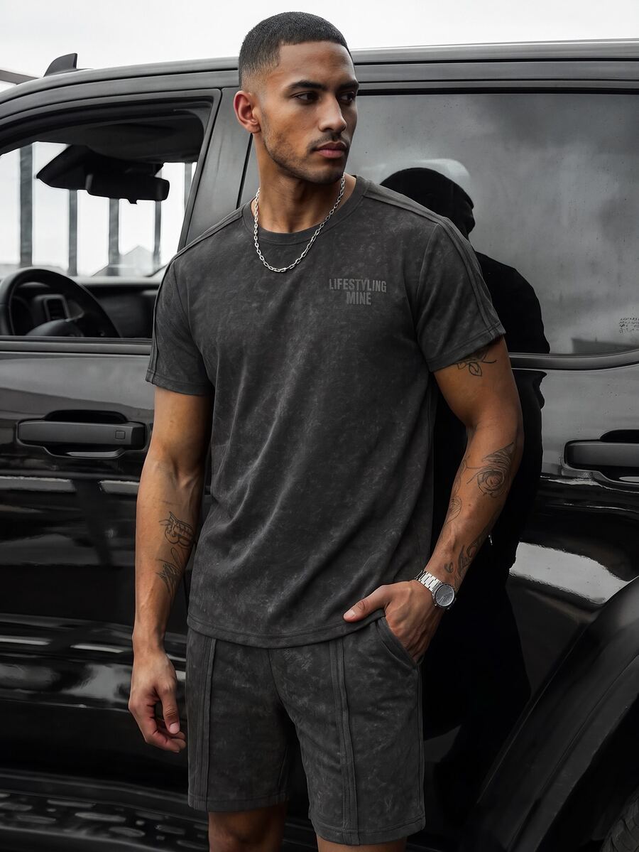 SLATEMANN 2pcs/Set Men's Sand Washed Short Sleeve T-Shirt And Drawstring Shorts,Dark Grey,Summer,Casual,Streetwear,City Break Japanese Outfit, Holiday - Dark Grey - View 1