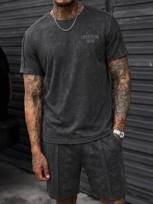 SLATEMANN 2pcs/Set Men's Sand Washed Short Sleeve T-Shirt And Drawstring Shorts,Dark Grey,Summer,Casual,Streetwear,City Break Japanese Outfit, Holiday - Dark Grey - View 3