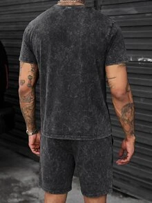 SLATEMANN 2pcs/Set Men's Sand Washed Short Sleeve T-Shirt And Drawstring Shorts,Dark Grey,Summer,Casual,Streetwear,City Break Japanese Outfit, Holiday - Dark Grey - View 4