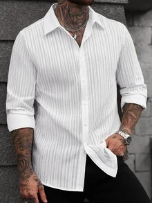 SLATEMANN Camisa casual de manga larga con botones delanteros de unicolor para hombre - Blanco - Ver 3