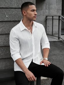 SLATEMANN Camisa casual de manga larga con botones delanteros de unicolor para hombre - Blanco - Ver 1