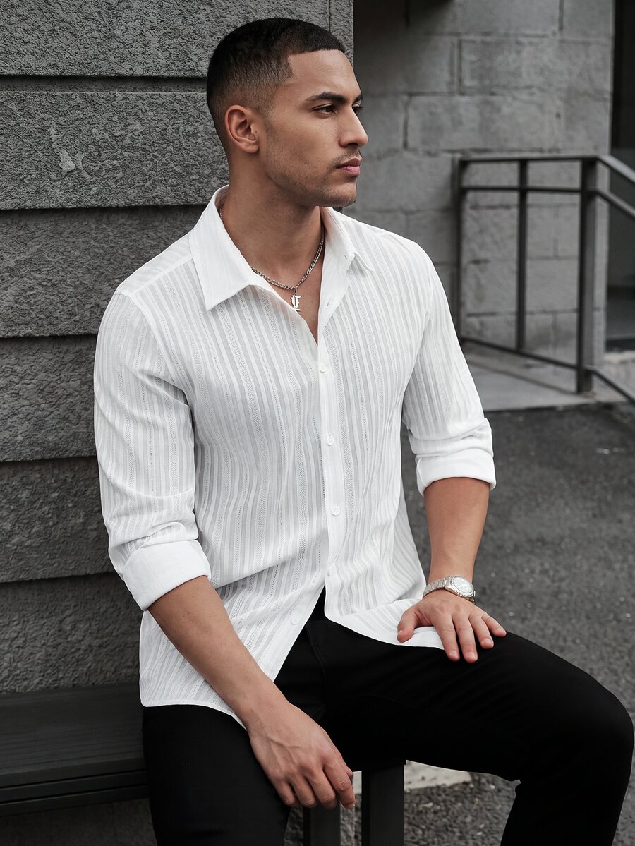 SLATEMANN Camisa casual de manga larga con botones delanteros de unicolor para hombre - Blanco - Ver 1