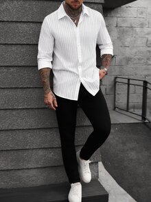 SLATEMANN Camisa casual de manga larga con botones delanteros de unicolor para hombre - Blanco - Ver 4