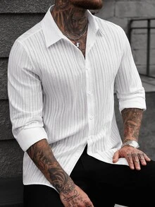 SLATEMANN Camisa casual de manga larga con botones delanteros de unicolor para hombre - Blanco - Ver 2