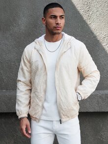 SLATEMANN Men's Solid Color Long Sleeve Zip Front Pocket Hoodie Jacket - Khaki - View 1
