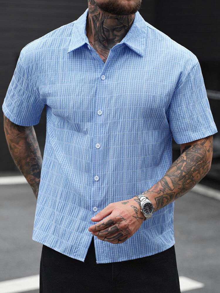 SLATEMANN Men's Casual Plaid Short Sleeve Shirt, Summer - Blue - View 2