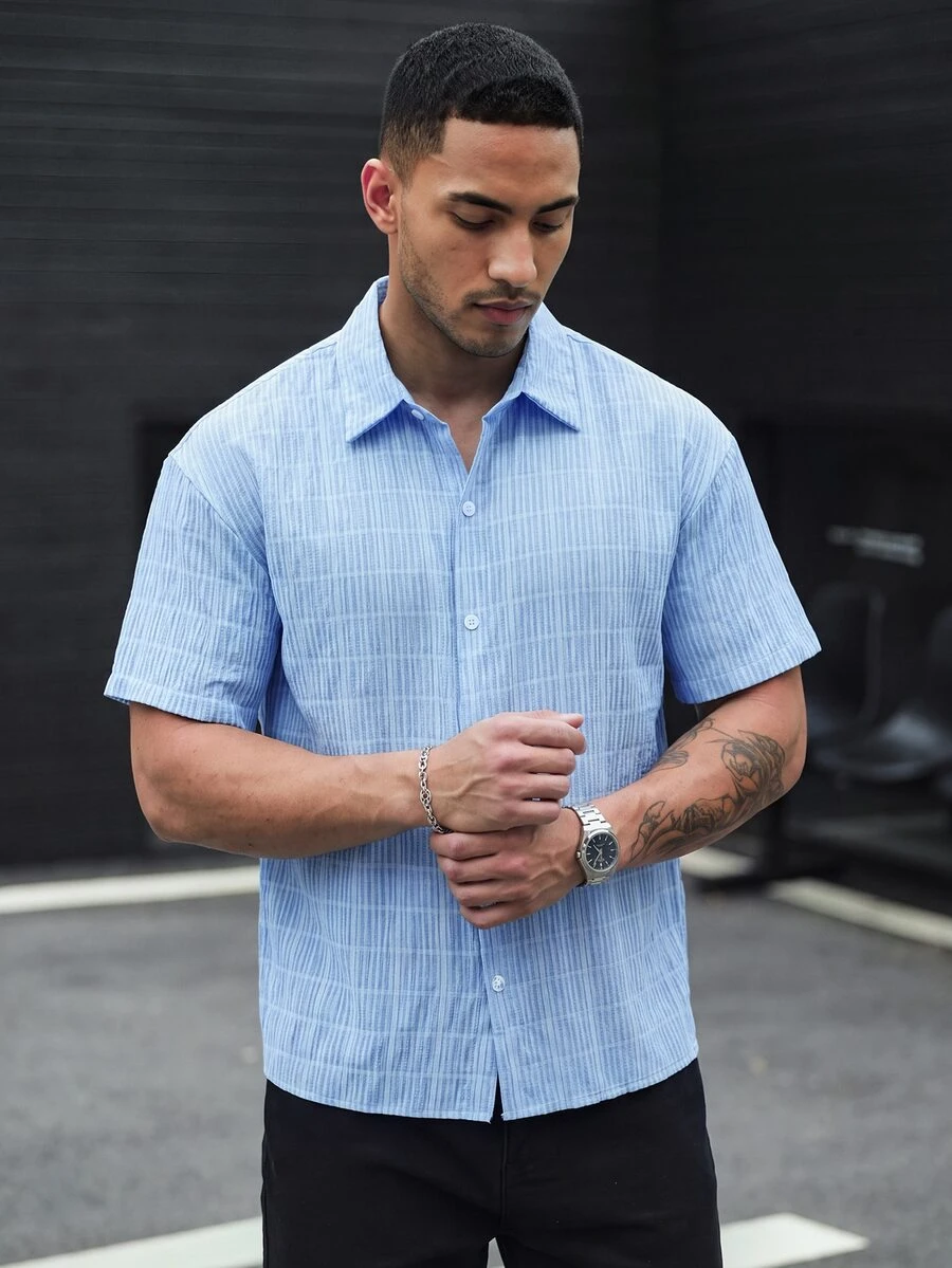 SLATEMANN Men's Casual Plaid Short Sleeve Shirt, Summer - Blue - View 1