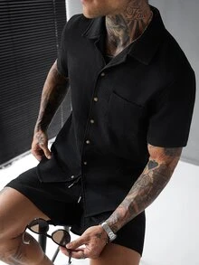 SLATEMANN 男士纯色简约休闲短袖衬衫短裤套装 - 黑色 - 查看 4
