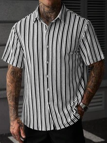 SLATEMANN Men's Summer Striped Print Turn-Down Collar Single-Breasted Short Sleeve Shirt - Multicolor - View 3