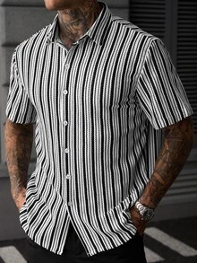 SLATEMANN Men's Summer Striped Print Turn-Down Collar Single-Breasted Short Sleeve Shirt - Multicolor - View 2