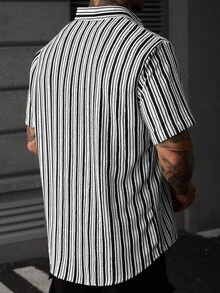 SLATEMANN Men's Summer Striped Print Turn-Down Collar Single-Breasted Short Sleeve Shirt - Multicolor - View 5