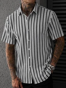 SLATEMANN Men's Summer Striped Print Turn-Down Collar Single-Breasted Short Sleeve Shirt - Multicolor - View 4