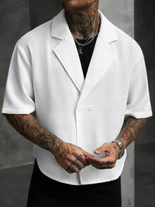 SLATEMANN Men's Solid Color Waffle Texture Wide Lapel Double-Breasted Loose Casual Short Sleeve Shirt, Formal - White - View 4