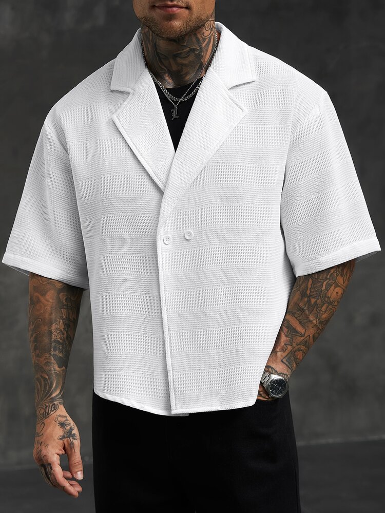 SLATEMANN Men's Solid Color Waffle Texture Wide Lapel Double-Breasted Loose Casual Short Sleeve Shirt, Formal - White - View 2