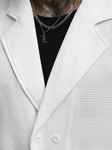 SLATEMANN Men's Solid Color Waffle Texture Wide Lapel Double-Breasted Loose Casual Short Sleeve Shirt, Formal - White - View 7