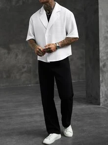 SLATEMANN Men's Solid Color Waffle Texture Wide Lapel Double-Breasted Loose Casual Short Sleeve Shirt, Formal - White - View 6
