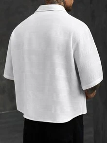 SLATEMANN Men's Solid Color Waffle Texture Wide Lapel Double-Breasted Loose Casual Short Sleeve Shirt, Formal - White - View 5