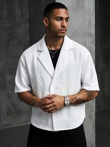 SLATEMANN Men's Solid Color Waffle Texture Wide Lapel Double-Breasted Loose Casual Short Sleeve Shirt, Formal - White - View 2