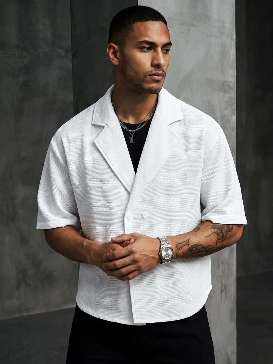 SLATEMANN Men's Solid Color Waffle Texture Wide Lapel Double-Breasted Loose Casual Short Sleeve Shirt, Formal