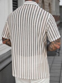 SLATEMANN 男士卡其色条纹针织休闲度假短袖衬衫 - 卡其色 - 查看 5