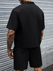 SLATEMANN Men's Letter Print Single-Breasted Short Sleeve Shirt And Shorts Casual Daily Set - Black - View 4