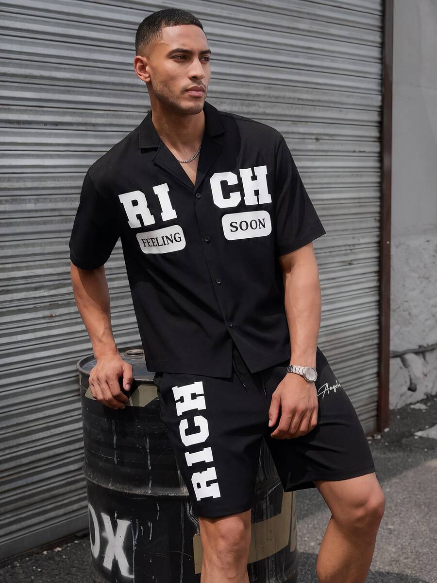 SLATEMANN Men's Letter Print Single-Breasted Short Sleeve Shirt And Shorts Casual Daily Set